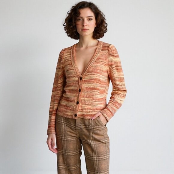 NIC+ZOE V-Neck Mohair Cardigan Sz.S Knit Brown Orange Striped Boho Academia - Picture 1 of 13